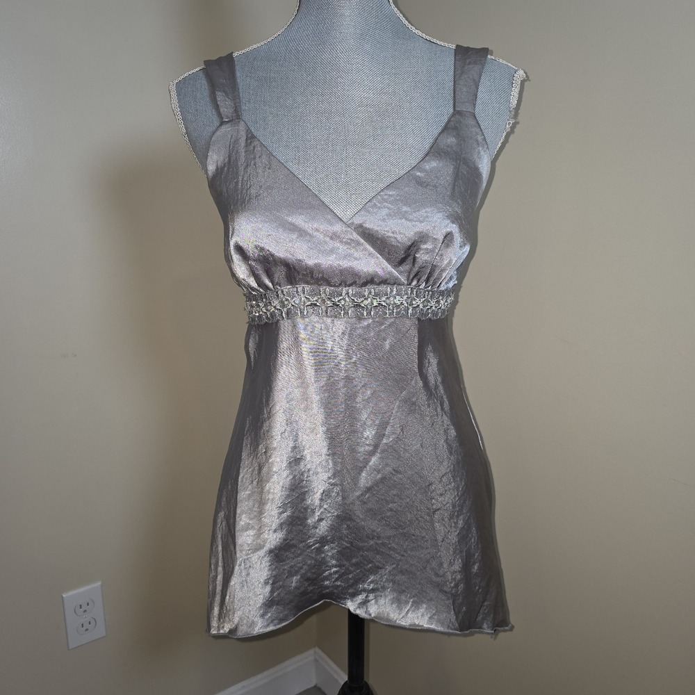 Y2K Anxiety Metallic Beaded Babydoll Empire-Waist Sz M Shimmer Glam‎ Fairy Vibes